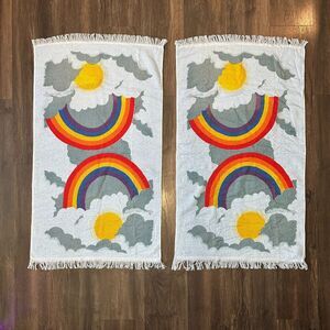 70s Cannon Rainbow Towels Set of 2 Vintage Blue Terrycloth Groovy Decor 38x22
